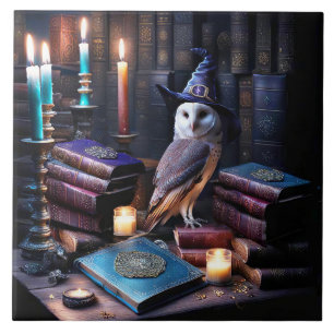Library and Owl med Candles Mystical Books Kakelplatta