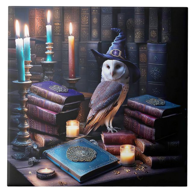 Library and Owl med Candles Mystical Books Kakelplatta (Framsidan)