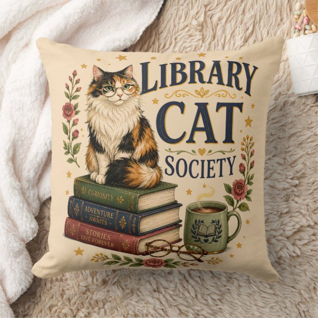 Library Cat Society Bokig Kaliko Kudde (Filt)
