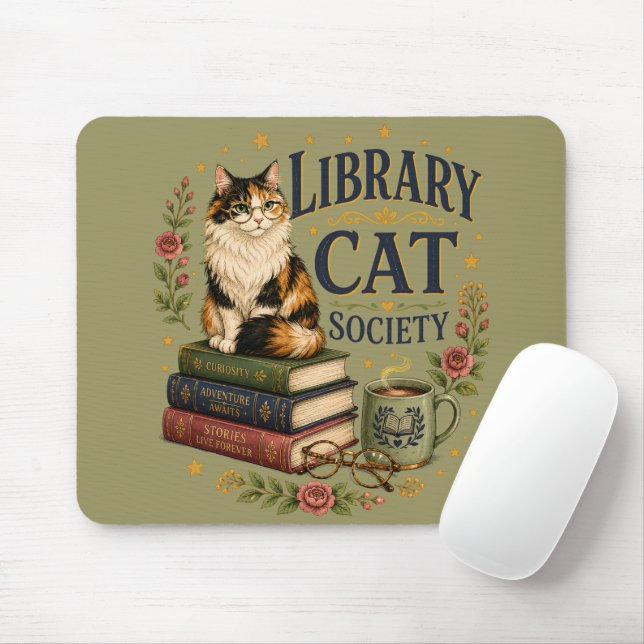 Library Cat Society Bokig Kaliko Musmatta (Med mus)