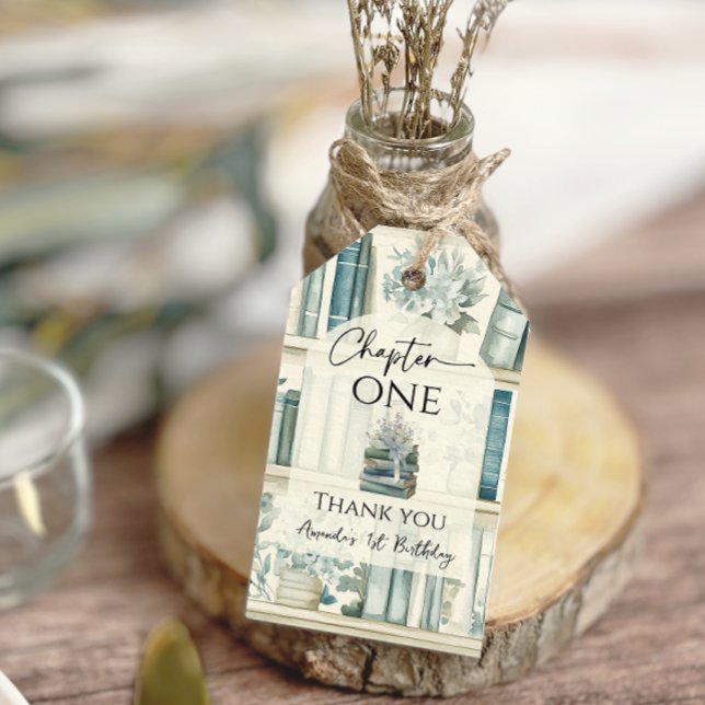 Library Chapter ONE Blue Boy Book 1st Birthday Presentetikett (Skapare uppladdad)