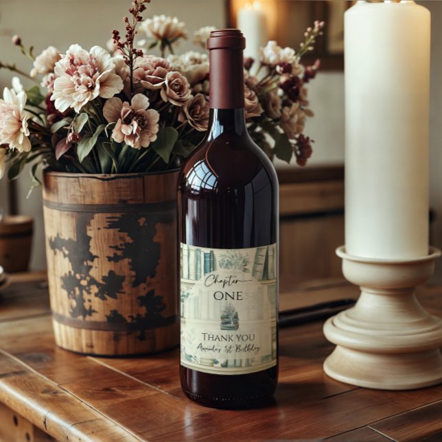 Library Chapter ONE Blue Boy Book 1st Birthday Vinflaska Etikett (Skapare uppladdad)