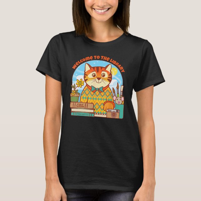 Library Welcome Tiger Cat and Mouse T Shirt (Framsida)