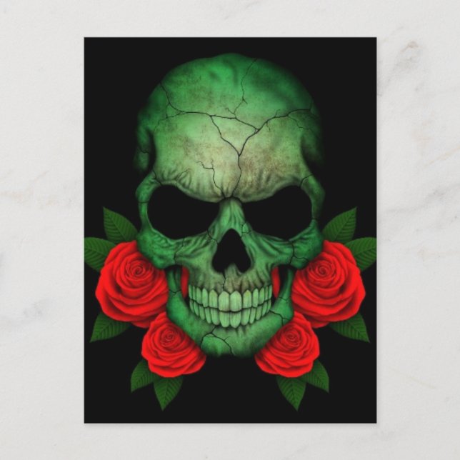 Libyan Grönt Flagga Skull med Röd ros Vykort (Framsida)