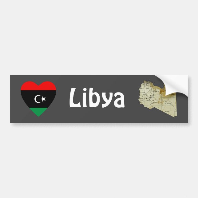 Libyen Flagga Heart + Karta Bumper Sticker Bildekal (Framsidan)