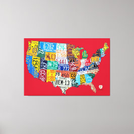 Licensplate Karta i USA Wrapped Canvas Red