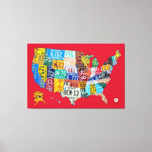 Licensplate Karta i USA Wrapped Canvas Red