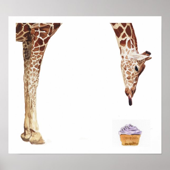 "Licker med Cupkaka" Giraffe Watercolor Poster (Framsidan)