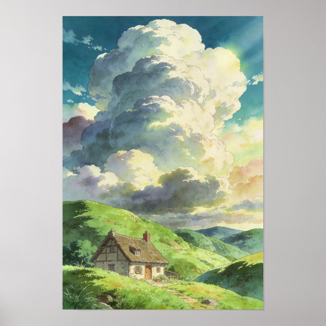 Lidande rustikt hus under sommarens moln poster (Framsidan)
