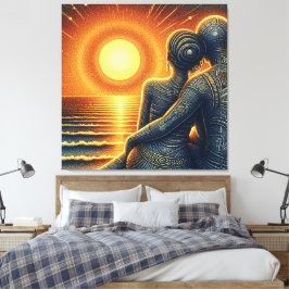 Liebespaar bei Sonnen Untergang am Meer Canvastryck