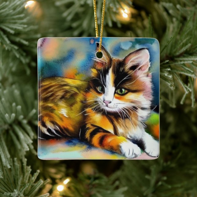 Liegende Katze, Aquarell -  Julgransprydnad Keramik (Träd)