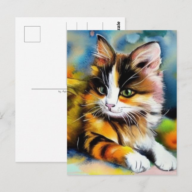 Liegende Katze, Aquarell -  Vykort (Fram/baksida)