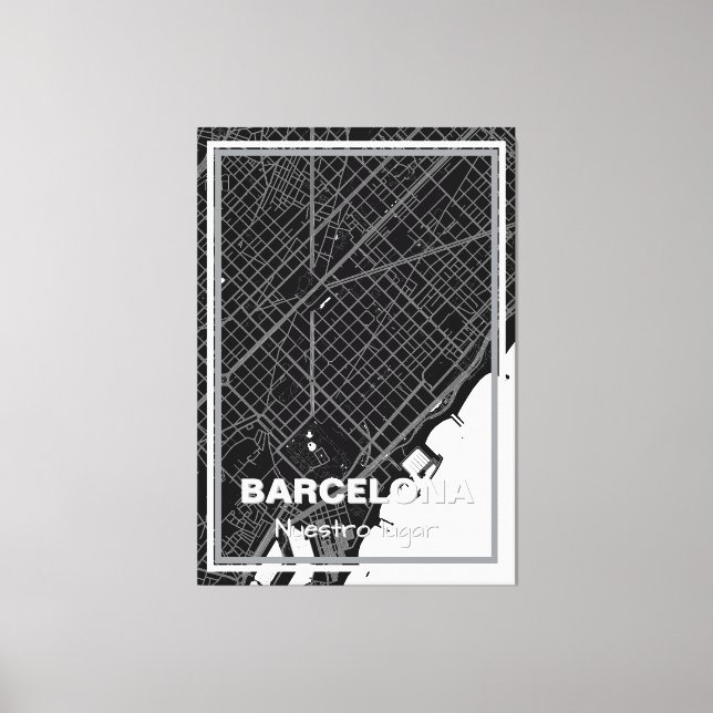 Lienzo mapa minimalista Barcelona - Negro-blanco Canvastryck (Framsida)