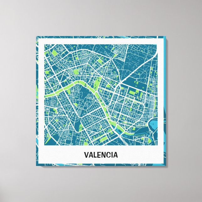 Lienzo mapa minimalista Valencia - Azul-Verde Canvastryck (Framsida)