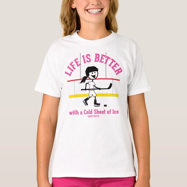 Life är Better Girl Hockey Player Tecknad Rosa Tröja (Framsida)