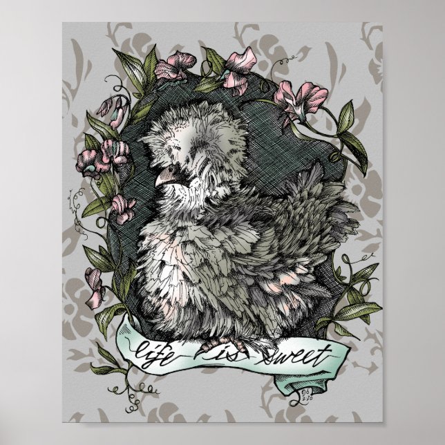 Life är Sweet (Silkie Hen & Sweet Peas), Taupe Poster (Framsidan)