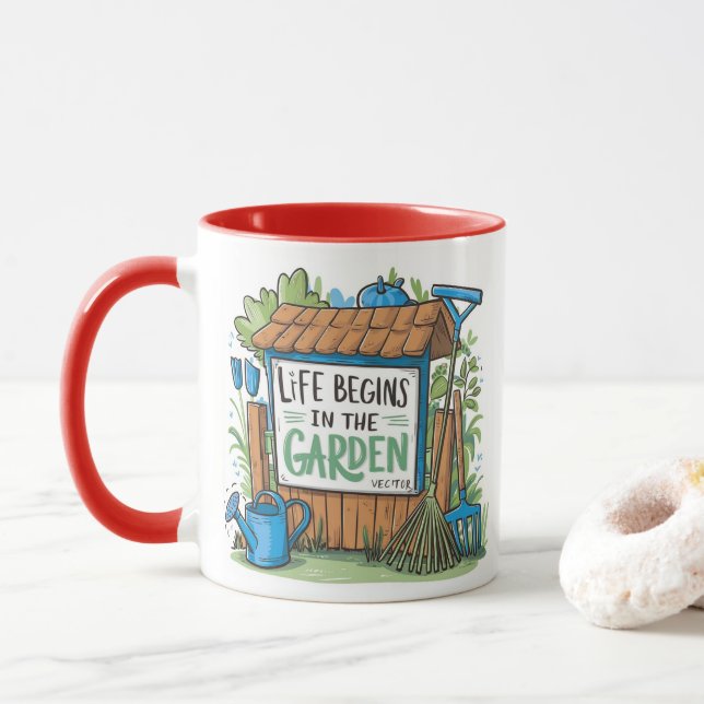 "Life begins in the garden." Mugg (Med munk)