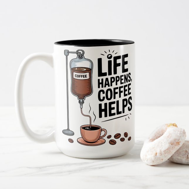 Life Happens Coffee Helps Funny Coffee Lover Två-Tonad Mugg (Med munk)