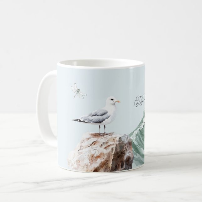 Life is Beautiful Sea Bird Ocean Wave Dragonfly Kaffemugg (Framsida vänster)