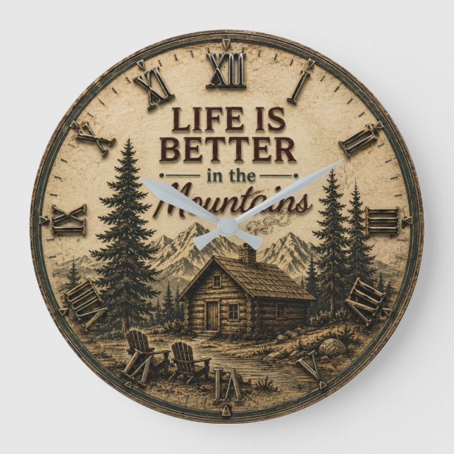 Life Is Better in the Mountains Rustic Cabin Stor Klocka (Framsida)