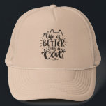 Life Is Better with a Cat –  Hand-Drawn Cat Quote Keps<br><div class="desc">Celebrate your love for cats with this heartwarming hand-lettered design, “Life Is Better with a Cat.” Featuring playful typography with cat ears, paws, and heart accents, this design adds charm and personality to any outfit. Perfect for cat moms, pet lovers, or anyone who knows that feline friends make life better!...</div>
