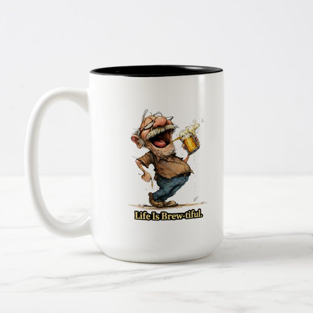 Life Is Brew-tiful Funny Beer Cartoon Tee Två-Tonad Mugg (Vänster)