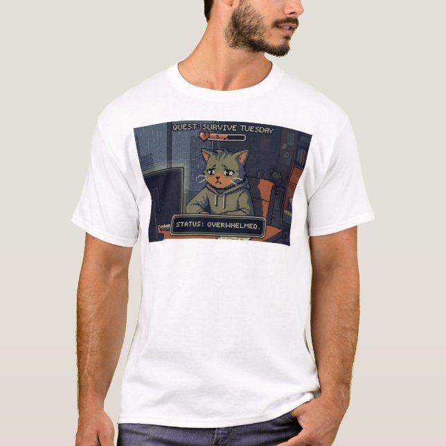 Life Is Hard Mode – Low HP Pixel Cat T Shirt (Framsida)