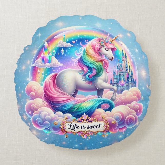 Life Is Sweet Unicorn Rainbow Castle Pillow Gift Rund Kudde (Framsidan)