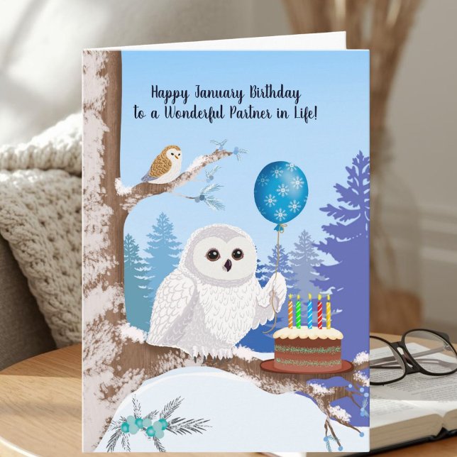 Life Partner Happy January Birthday Snowy Owl Kort (Skapare uppladdad)