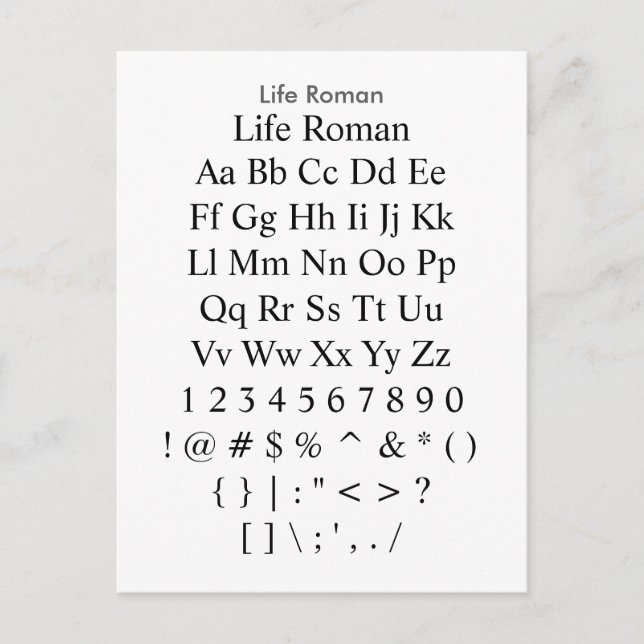 Life Roman - Zazzle Font Sampler Lakan Vykort (Framsida)