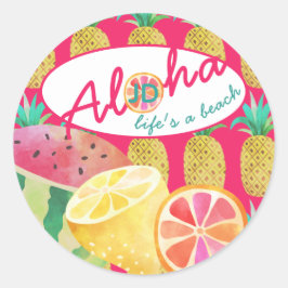 Lifes en Beach! Roligt Tropical Fruit Monogrammed Runt Klistermärke