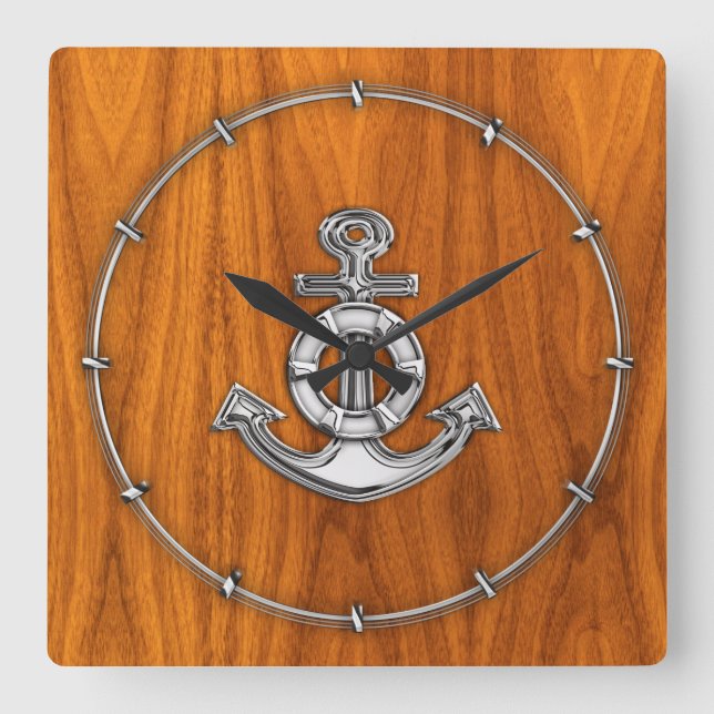 Lifesaver Chrome Anchor på Teak Veneer Stilar Fyrkantig Klocka (Framsida)
