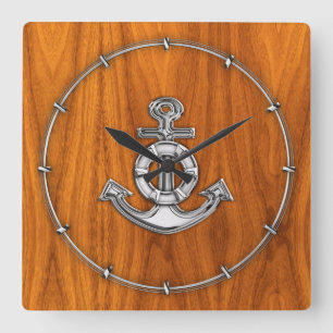 Lifesaver Chrome Anchor på Teak Veneer Stilar Fyrkantig Klocka