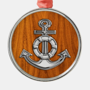 Lifesaver Chrome like Anchor på Teak Veneer Julgransprydnad Metall