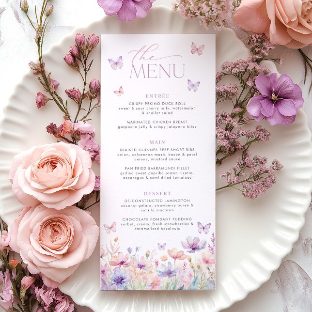 Lifetime of Butterflies Pastel Bridal Shower Menu Meny (Here's to a lifetime of butterflies! Pastel floral butterfly Bridal Shower menu)