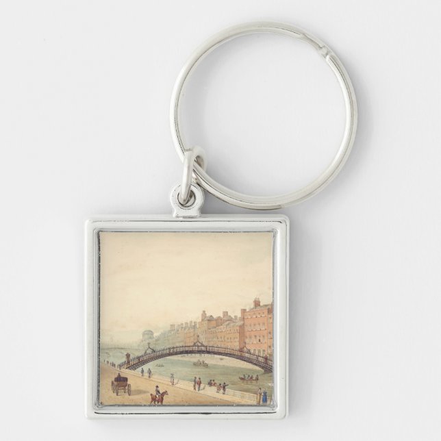 Liffey Bridge i Dublin av Samuel Frederick Brocas Fyrkantig Silverfärgad Nyckelring (Framsidan)