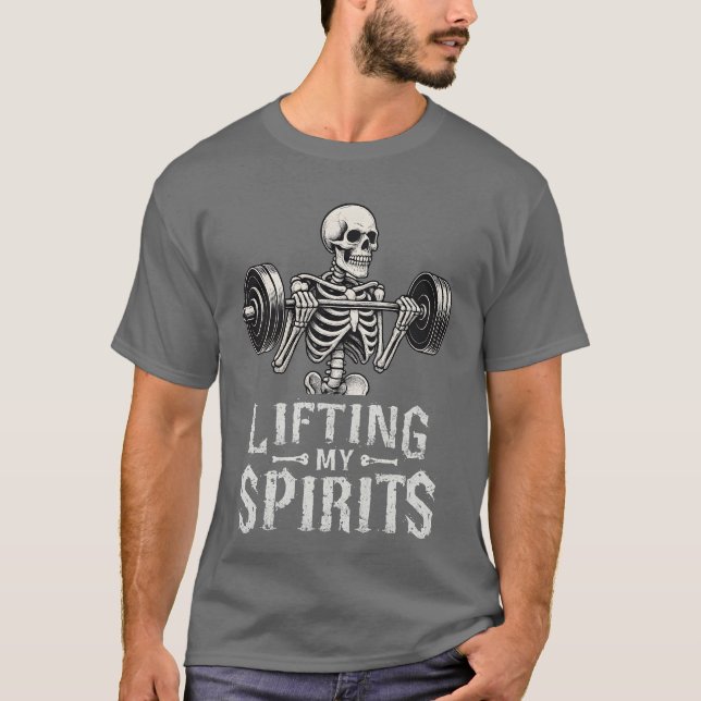 Lifting My Spirits Bodybuilding Skeleton Funny Gym T Shirt (Framsida)