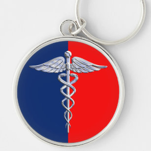 Liga för symbol för silverstilCaduceus medicinsk Rund Silverfärgad Nyckelring