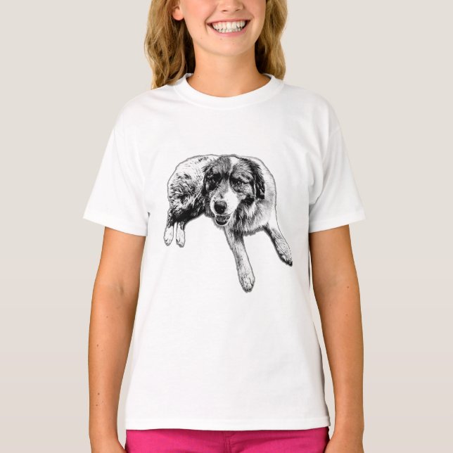 Liggande Aussie-valp bläcklinje T Shirt (Framsida)