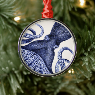 Liggande blå Octopus Julgransprydnad Metall