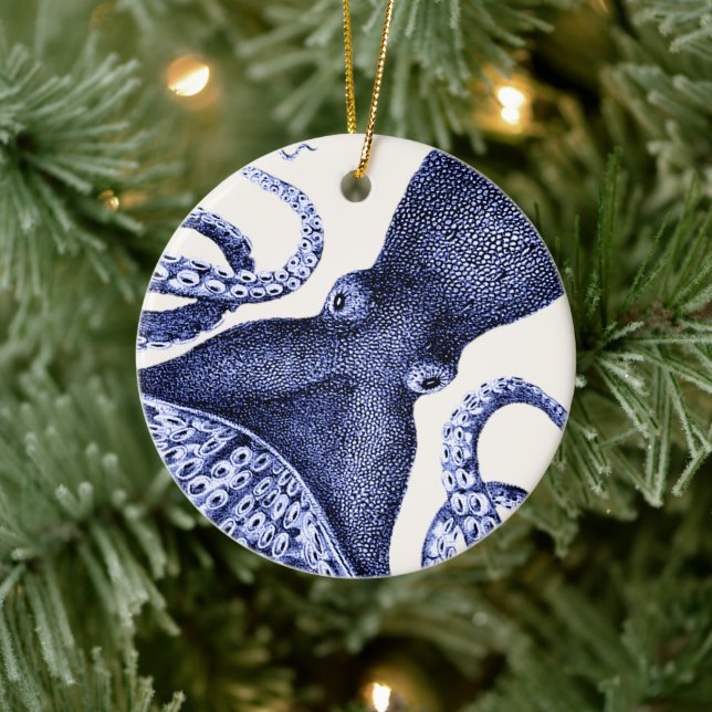Liggande blå oktopus julgransprydnad keramik (Träd)