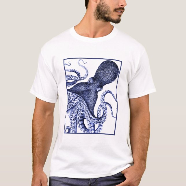Liggande blå oktopus t shirt (Framsida)