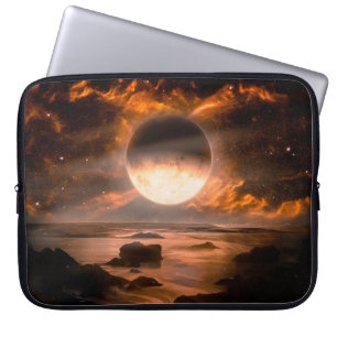 Liggande i fantasi-främmande planet med flammande laptop fodral