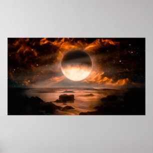 Liggande i fantasi-främmande planet med flammande poster