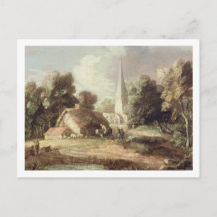 Liggande med kyrka, stuga, Villagers och An Vykort