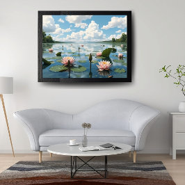 Liggande med Rosa Vatten Blommar och Cloudy Himmel Perfect Poster