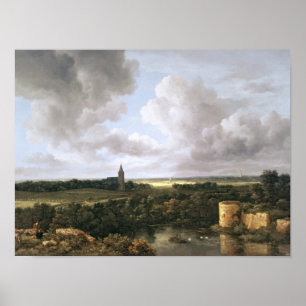 Liggande med ruinerad slott och kyrka poster