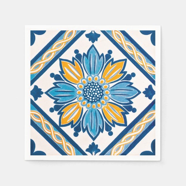 Ligh Blue Gult Azulejo Mediterranean Party Pappersservett (Framsidan)