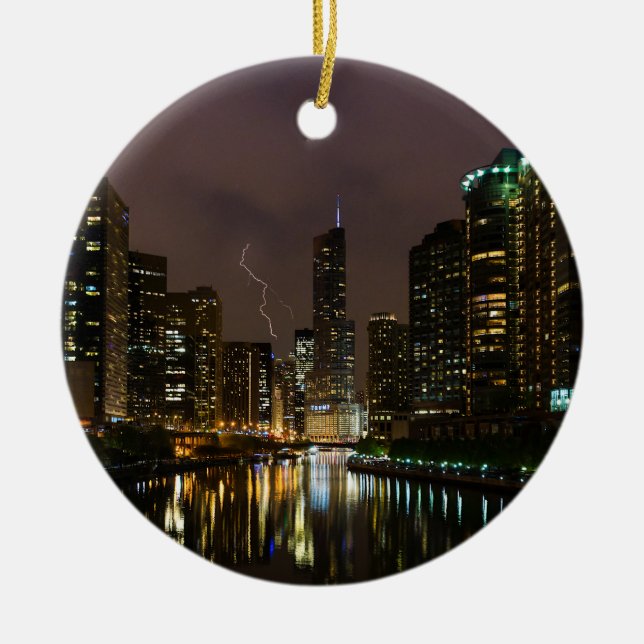 Ligh Strejka Over Chicago River Julgransprydnad Keramik (Framsidan)