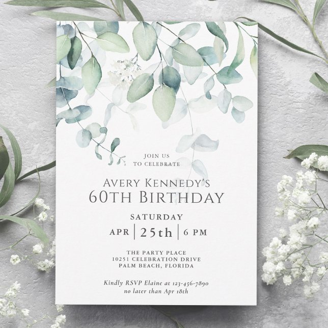 Light Airy Eucalyptus 60:e Födelsedagsfesten Inbjudningar (Skapare uppladdad)